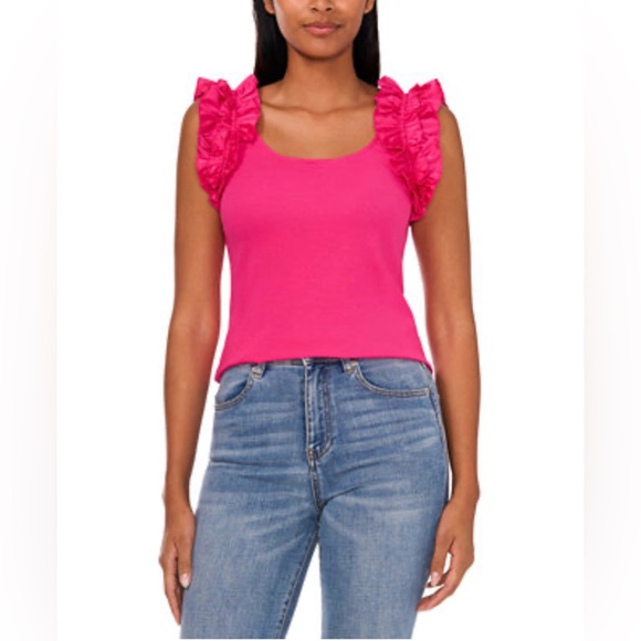 NWT CeCe Women’s Ruffled Crewneck Blouse Size 2X in Bright Rose 💕 - Picture 1 of 8